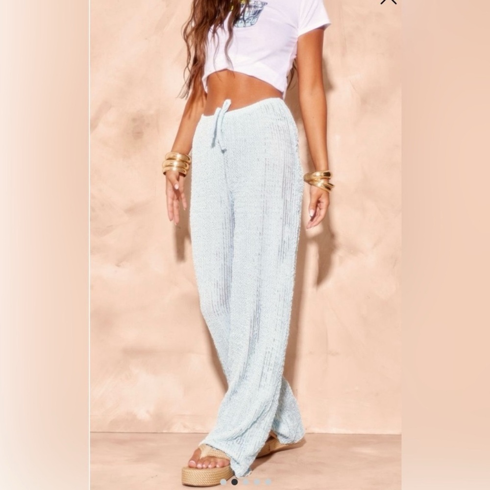 NWT Pretty Little Thing baby blue textured jersey drawstring, wide leg pants